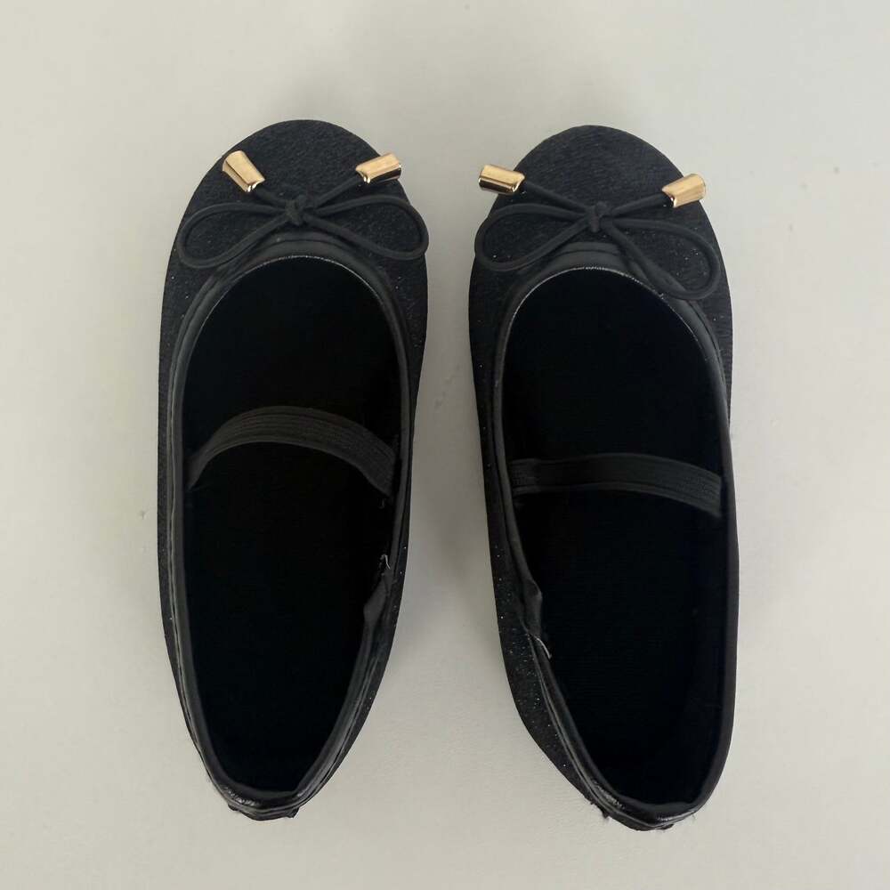 Toddler Girls Slip-On Ballet Christmas Holiday Black Glittery Bow Flat Shoes 6M - Picture 5 of 8